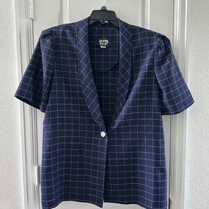 Vintage W.P. Gordon Navy Blue Windowpane Plaid Short Sleeve Blazer Jacket Size 1